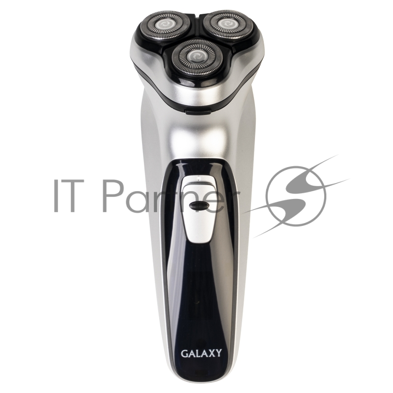 Электробритва Galaxy Line GL 4209, серебряный с черным, роторная, аккумуляторная, 5 Вт, Li-Ion аккумулятор емкостью 600 мА*ч, время непрерывной работы до 1,5 ч, ножи из нержавеющей стали, 3 независимые плавающие головки, возможность промывки бреющего блока, индикатор заряда и работы, встроенный триммер для подравнивания висков, USB зарядка