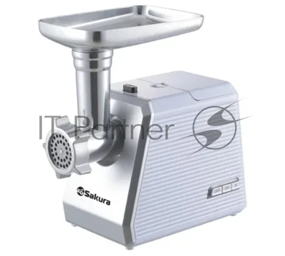 Мясорубка электрическая Sakura SA-6424W белый, 2000 Вт, 3.0 кг/мин, реверс, защита от перегрузки, металлический лоток, насадки - 4