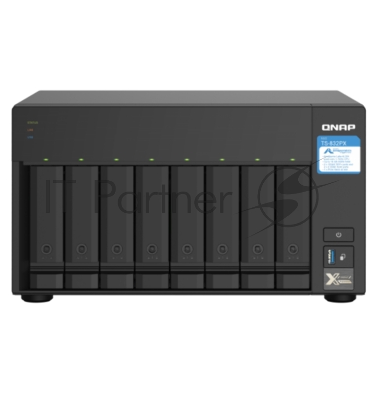 Сетевое хранилище без дисков SMB QNAP TS-832PX-4G 8-Bay NAS, AL324 64-bit quad-core 1.7GHz, 4Gb DDR4 SO-DIMM RAM (up to 1x16 Gb), 8 x 3.5"/2.5" drive slots, 2 x 10GbE SFP+ LAN, 2 x 2.5 GbE LAN, 3 x USB 3.2, PCIe slotGen.2 x 2, 3xUSB 3.2