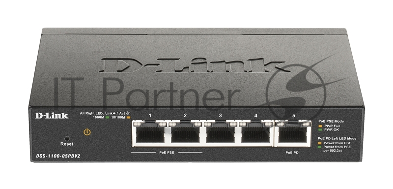 Коммутатор D-Link DGS-1100-05PDV2/A1A, 4×1 Гбит/с + 1×1 Гбит/с PD, настраиваемый