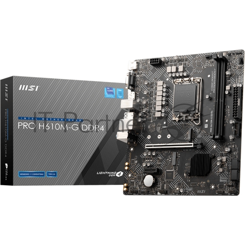 Материнская плата MSI PRO H610M-G DDR4, LGA1700, Intel H610, 2xDDR4, 4xSATA, 1xM.2, 1xPCIe 4.0 x16, 1xPCIe x1, DisplayPort, HDMI, D-Sub, 1x1Gb LAN, 3x3.5 мм, 7.1, microATX