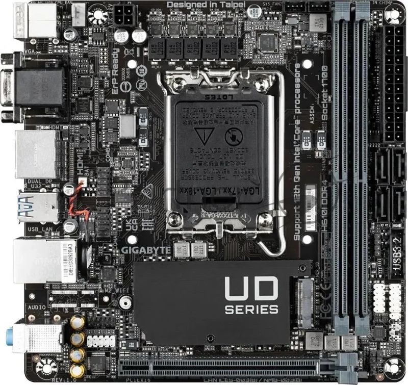 Материнская плата GIGABYTE H610I DDR4, LGA1700, Intel H610, 2xDDR4, 4xSATA, 1xM.2, 1xPCIe 4.0 x16, DisplayPort, HDMI, D-Sub, 1x1Gb LAN, 3x3.5 мм, 7.1, mini-ITX
