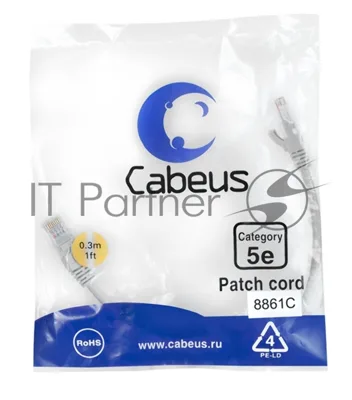 Шнур коммутационный Cabeus, Cat.5e, неэкр., U/UTP, RJ45/RJ45, LSZH, AWG24, 0.3м, серый