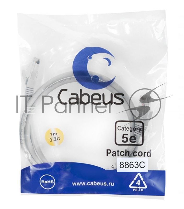 Шнур коммутационный Cabeus, кат. 5е, неэкр., U/UTP, RJ45/RJ45, LSZH, AWG24, 1м, серый
