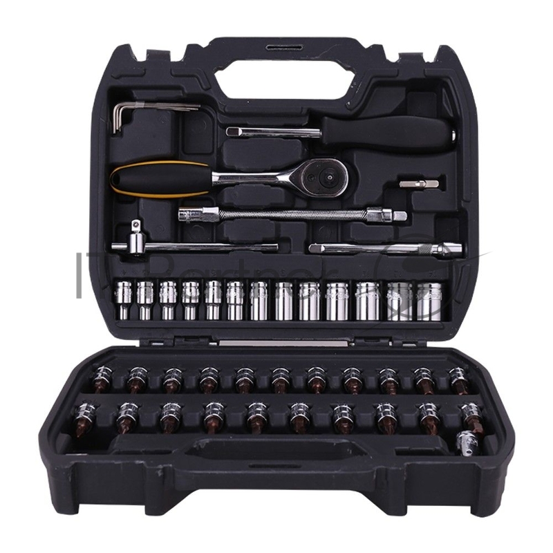 Набор торцевых ключей 46 шт Deli DL1046 1/4"; Набор торцевых головок 46 шт. Муфты из стали 50БВ30 Cr-V. Высококачественная пластиковая коробка.
