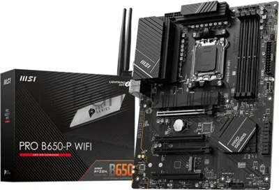 Материнская плата MSI PRO B650-P WIFI, AM5, AMD B650, 4xDDR5, 6xSATA, 2xM.2 (PCIe 4.0), 2xPCIe 4.0 x16, 2xPCIe 3.0 x16, 1xHDMI, 1xDP, 1x2.5Gb LAN, Wi-Fi, Bluetooth, 1xUSB-C 20Gbps, 3xUSB-A 10Gbps, 4xUSB-A 5Gbps, 3x3.5 мм, 7.1, чёрный, ATX