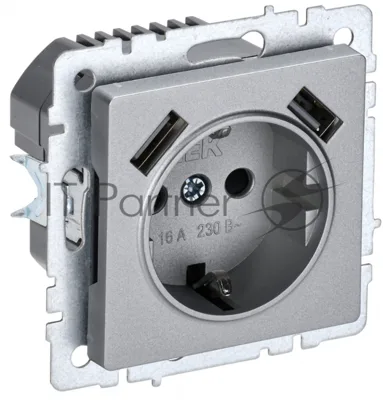 Розетка 1-местная IEK BRITE РЮш10-2-БрА (BR-R14-16-U21-D31-K47) с заземлением, с защитными шторками, 16А, с USB A+A 5В 3,1А, алюминий
