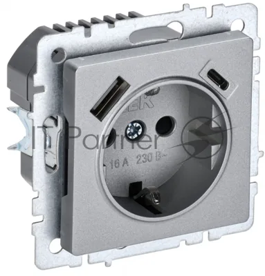 Розетка 1-местная IEK BRITE РЮш11-1-БрА (BR-R14-16-U22-018-K47) с заземлением, с защитными шторками, 16А, с USB A+C 18 Вт, алюминий