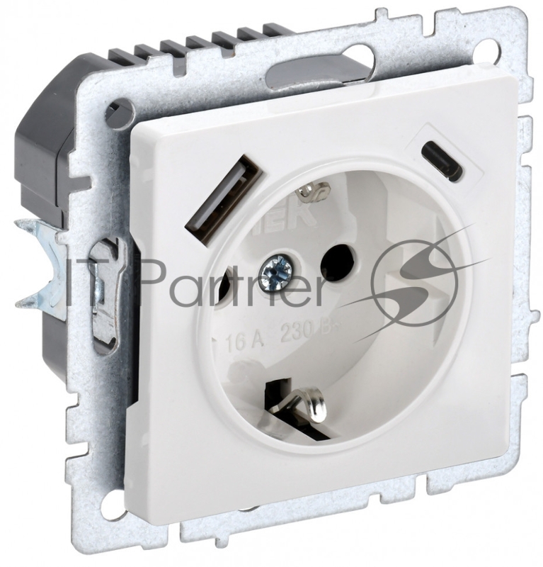 Розетка 1-местная IEK BRITE РЮш11-1-БрБ (BR-R14-16-U22-018-K01) с заземлением, с защитными шторками, 16А, с USB A+C 18 Вт, белый