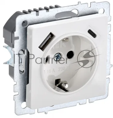 Розетка 1-местная IEK BRITE РЮш11-1-БрБ (BR-R14-16-U22-018-K01) с заземлением, с защитными шторками, 16А, с USB A+C 18 Вт, белый
