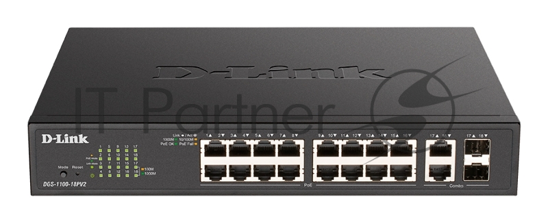 Коммутатор D-Link DGS-1100-18PV2/A3A, 16×1 Гбит/с + 2×1 Гбит/с Combo, настраиваемый