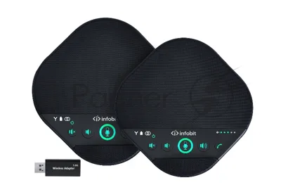 Спикерфон Infobit [iSpeaker M600] Комплект беспроводных всенаправленных спикерфонов, 5,8G, 5-метровый захват на 360 градусов, можно объеденить в каскад до 2х штук. Для помещений до 100 квадратных метров и 30 человек.