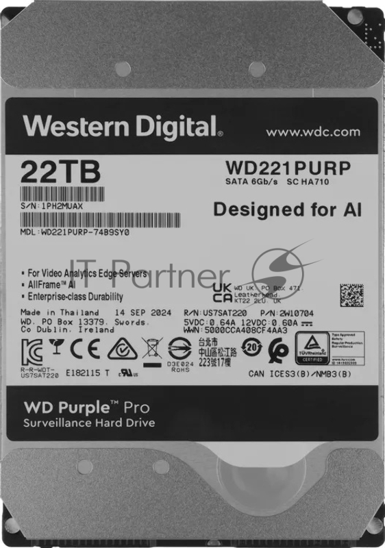 Жесткий диск HDD WD Purple Pro 22Tb 7200rpm SATA 512Mb 3.5"