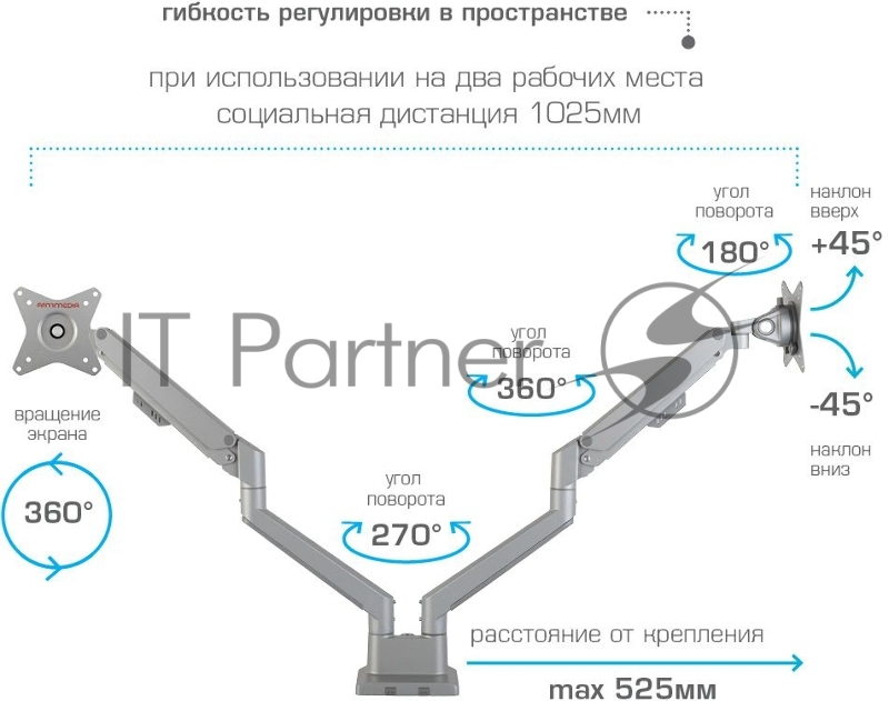 Кронштейн Arm media LCD-T36 серебристый, 4 шт/уп. Кр. алюм. настол. для 2-х мон. 15"-34", max 2х9 кг, нак. ±45°, пов. ±180°, от стола 495 мм, max VESA 100x100 мм.