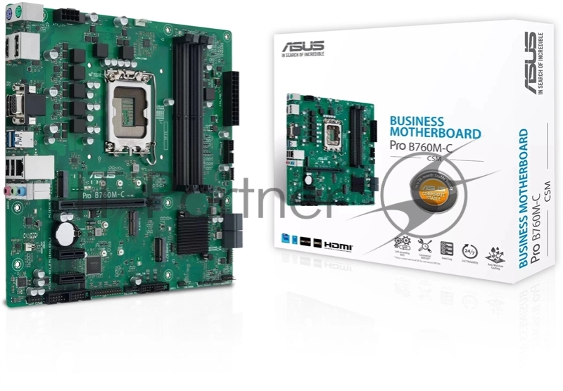 Материнская плата ASUS Pro B760M-C-CSM, LGA1700, Intel B760, 4xDDR5, 4xSATA, 2xM.2, 1xPCIe 4.0 x16, 2xPCIe x1, DisplayPort, HDMI, D-Sub, 1x1Gb LAN, 3x3.5 мм, 7.1, microATX