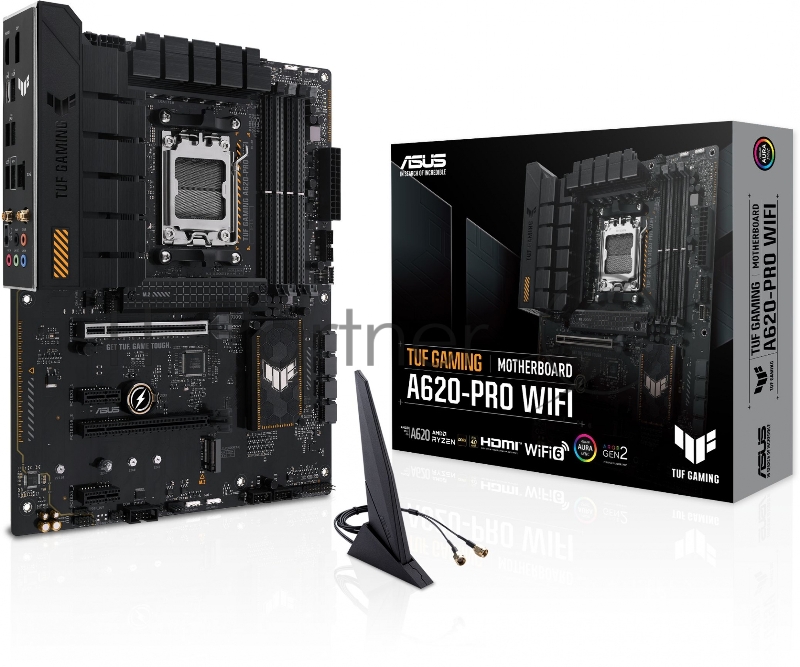 Материнская плата ASUS TUF GAMING A620-PRO WIFI, AM5, AMD A620, 4xDDR5, 4xSATA, 2xM.2, 1xPCIe 4.0 x16, 1xPCIe 3.0 x16, 2xPCIe x1, DisplayPort, HDMI, 1x2.5Gb LAN, USB Type-C, 5x3.5 мм, 7.1, ATX