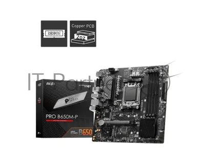 Материнская плата MSI PRO B650M-P, AM5, AMD B650, 4xDDR5, 4xSATA, 2xM.2, 1xPCIe 4.0 x16, 2xPCIe 3.0 x1, DisplayPort, HDMI, D-Sub, 1x2.5Gb LAN, 8xUSB, 3x3.5 мм, 7.1, microATX