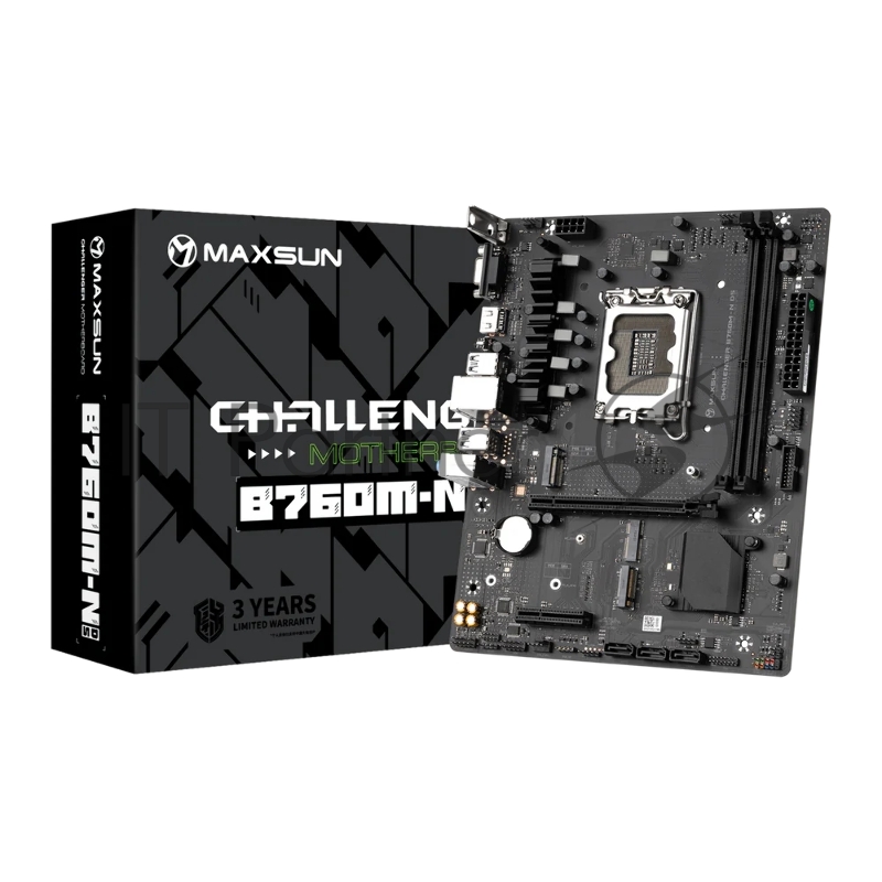 Материнская плата Maxsun Challenger B760M-N D5, LGA 1700, Intel B760, 2xDDR5, 3xSATA, 2xM.2, 1xPCIe 4.0 x16, 1xPCIe x4, 1xVGA, 1xHDMI, 1x 1Gb LAN, 2xUSB-A 2.0, 4xUSB-A 3.2 Gen 1, 5.1, mATX
