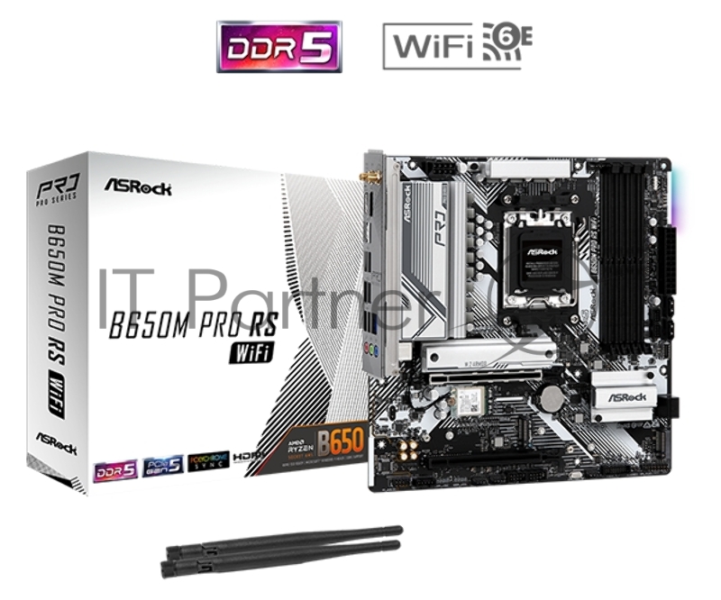 Материнская плата ASRock B650M Pro RS WiFi, AM5, AMD B650, 4xDDR5, 4xSATA, 3xM.2, 1xPCIe 4.0 x16, 1xPCIe 3.0 x16, 1xHDMI, 1xDP, 1x2.5Gb LAN, Wi-Fi 6E, Bluetooth 5.2, 1xUSB-C 10Gbps, 1xUSB-A 10Gbps, 2xUSB-A 5Gbps, 4xUSB-A 2.0, 3x3.5 мм, 7.1, mATX