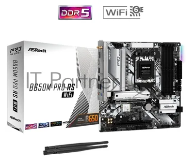Материнская плата ASRock B650M Pro RS WiFi, AM5, AMD B650, 4xDDR5, 4xSATA, 3xM.2, 1xPCIe 4.0 x16, 1xPCIe 3.0 x16, 1xHDMI, 1xDP, 1x2.5Gb LAN, Wi-Fi 6E, Bluetooth 5.2, 1xUSB-C 10Gbps, 1xUSB-A 10Gbps, 2xUSB-A 5Gbps, 4xUSB-A 2.0, 3x3.5 мм, 7.1, mATX