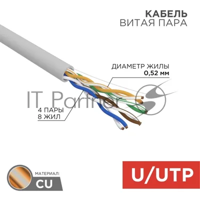 Кабель витая пара Rexant U/UTP, cat.5e, ZH нг(А)-HF, 4х2х0,52мм, 24AWG, INDOOR, SOLID, серый, 305м PRO