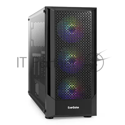 Компьютерный корпус Miditower ExeGate EVO-8227 (ATX, без БП, 2хUSB+1хUSB 3.0+HD Audio, черный, 3 вент. с RGb подсветкой, боковая панель - закаленное стекло)