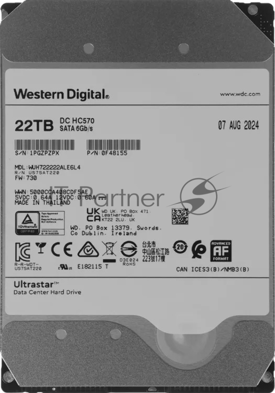Жесткий диск серверный Western Digital 3.5"; 22Tb Ultrastar DC HC570 (WUH722222ALE6L4) SATA 6Gb/s, 7200rpm, 512MB, 4k/512e, Helium, Bulk