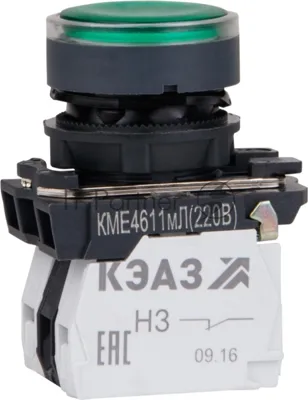 Кнопка КМЕ4611мЛ-24В-зеленый-1но+1нз-цилиндр-индикатор-IP65-КЭАЗ