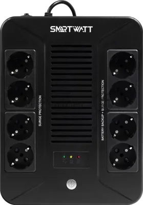 Источник бесперебойного питания SMARTWATT UPS SAFE PRO 1000 черный 1000/600 ВА/Вт, линейно-интерактивный, напольный/настенный, LED индикация, Shuko CEE7/4 - 8 шт. (4 шт. с резервным питанием, 4 шт. - сетевой фильтр)