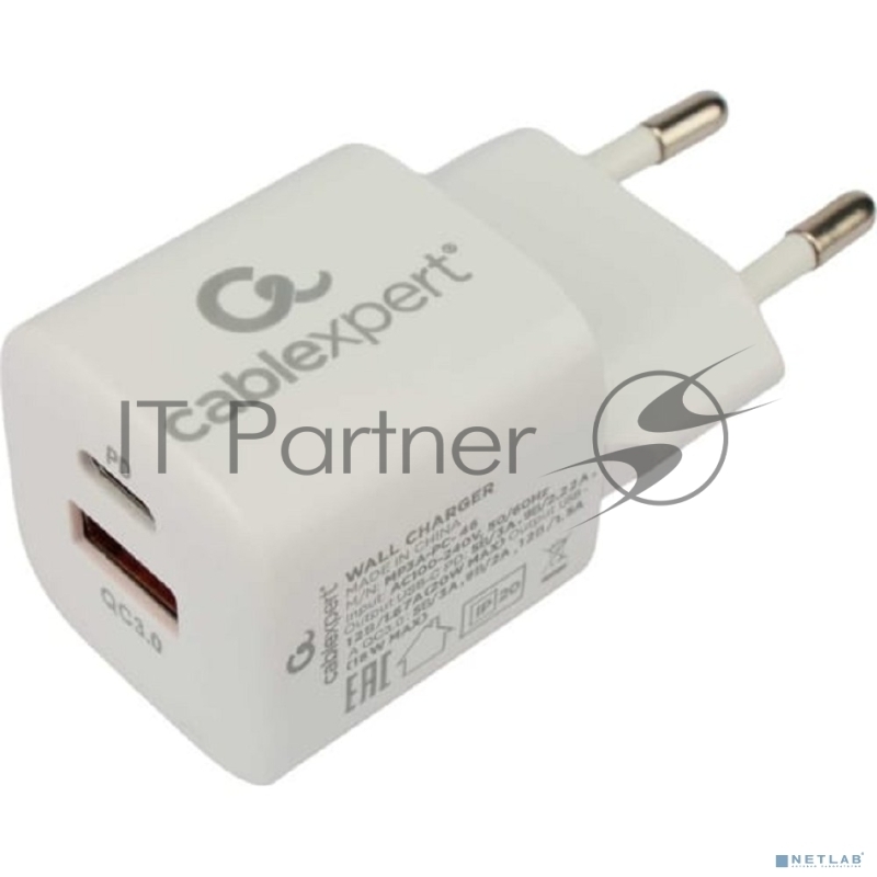 Сетевое зарядное устройство Cablexpert 20Вт, 3А, QC3.0/PD, 1xUSB, 1xType-C, белый, пакет