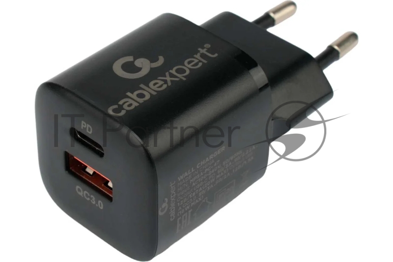 Сетевое зарядное устройство Cablexpert 20Вт, 3А, QC3.0/PD, 1xUSB, 1xType-C, черный, пакет