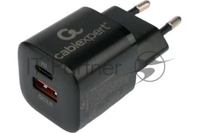 Сетевое зарядное устройство Cablexpert 20Вт, 3А, QC3.0/PD, 1xUSB, 1xType-C, черный, пакет