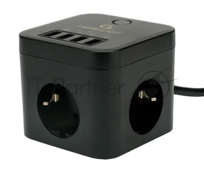 Сетевой фильтр Cablexpert Cube CUBE-3-U4-B-1.5, 3 р, 10А, 4хUSB, 1.5 м, ур.защиты 4+, черный, коробка