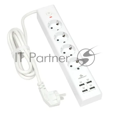Сетевой фильтр Cablexpert Exnovo EXN-4-U4-W-2, 4 р, 16А, 4хUSB, 3.4A, 2 м, ур.защиты 4+, белый, коробка