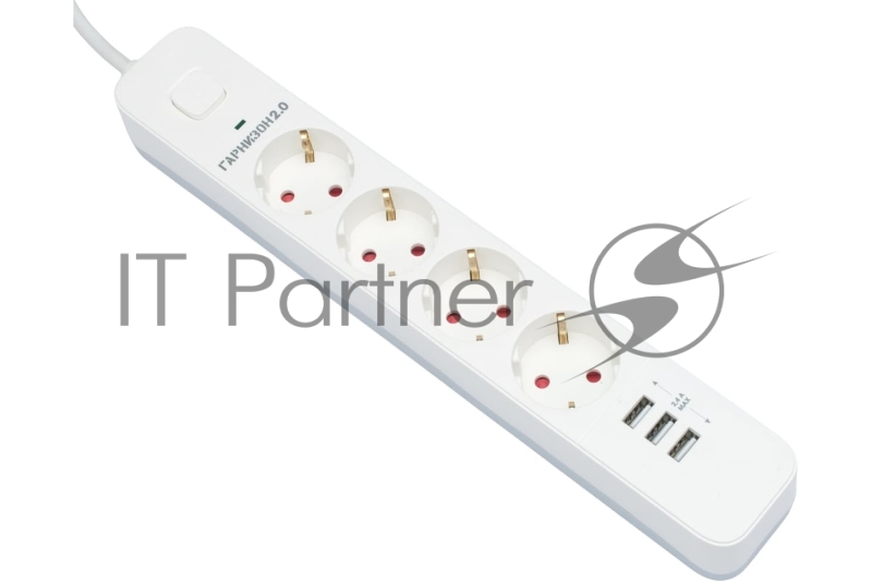 Сетевой фильтр Гарнизон 2.0 Мультипорт EPS-4-U3-W-4, 4 р, 10А, 3xUSB, 4 м, ур.защиты 2+, белый, пакет