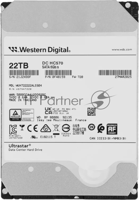 Жесткий диск HDD WD SATA Server 22Tb Ultrastar DC HC570 7200 6Gb/s 512MB 1 year warranty (replacement WUH722222ALE6L4)