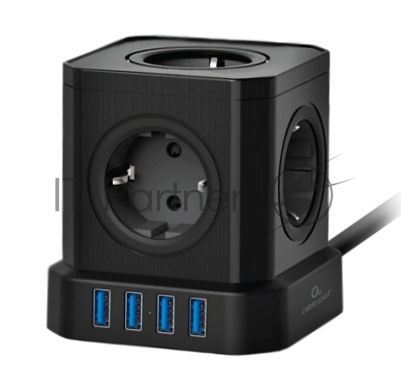 Сетевой фильтр Cablexpert Tower, TWR-5-U4-B-3, 5 р, 10А, 4хUSB, 3.1А, 3 м, ур.защиты 4+, черный, коробка