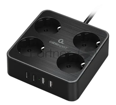 Сетевой фильтр Cablexpert Plate, PLT-4-C2U2-B-2, 4р, 10А, 2xType-C PD, 20Вт, 2xUSB, 2.4A, 2 м, ур. защиты 4+, черный, коробка