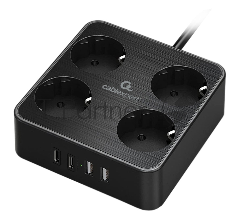 Сетевой фильтр Cablexpert Plate, PLT-4-C2U2-B-3, 4р, 10А, 2xType-C PD, 20Вт, 2xUSB, 2.4A, 3 м, ур. защиты 4+, черный, коробка