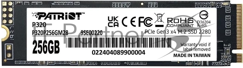Накопитель SSD Patriot P320, 256Gb, PCIe 3.0 x4, M.2 2280, NVMe, R/W 2200/1200