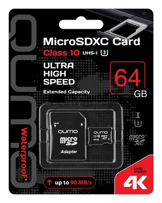 Флеш карта QUMO MicroSDXC 64Gb Class 10 UHS-I U3 черный adp