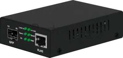 Медиаконвертер Gigabit Ethernet, SFP 1000Мбит/c, RJ45 10/100/1000Мбит/c, поддержка LFP. Металлический корпус. БП DC12V(1A) в комплекте. Размеры (ШхВхГ): 70x25x95мм. Вес: 0,2кг. Рабочая температура: -10…+55°С. Совместим с шасси NS-MCB-14.
