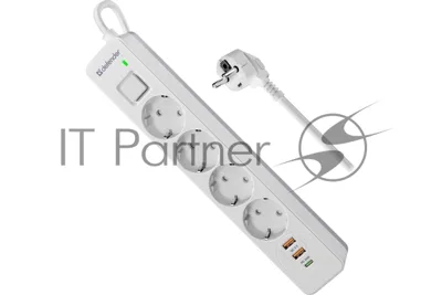 Удлинитель с сетевым фильтром Defender DFS 145, белый, 4розетки, USB+TypeC, 5 м.