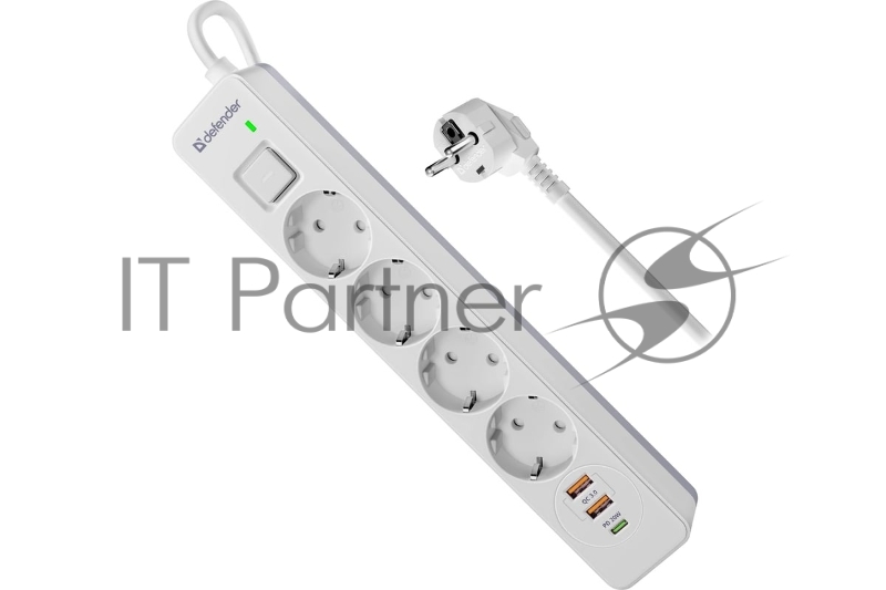 Удлинитель с сетевым фильтром Defender DFS 143, белый, 4розетки, USB+TypeC, 3 м.