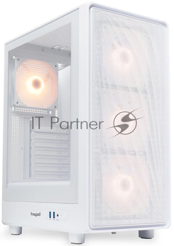 Компьютерный корпус HSPD M510, Mesh Mid Tower, белый, TG, 0.5 SPCC, 4x120мм ARGb ATX, mATX, mITX 180/280/160мм 1x2.5", 1x3.5", 7xPCI 2xUSB-A 3.0 517x277x418мм