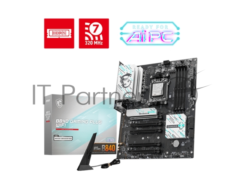 Материнская плата MSI B840 GAMING PLUS WIFI, AM5, AMD B840, 4xDDR5, 4xSATA, 2xM.2, 1xPCIe 4.0 x16, HDMI, 1x2.5Gb LAN, USB Type-C, 3x3.5 мм, 7.1, ATX