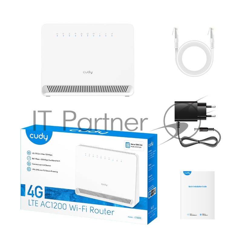 Маршрутизатор CUDY AC1200 Wi-Fi 4G LTE Cat.4 Router, AC1200 Wi-Fi, build-in 4G LTE modem, 4 10/100M RJ45 Ports, Nano SIM Slot, 300Mbps at 2.4GHz + 867Mbps at 5GHz, Internal antennas, PPTP/L2TP/OpenVPN/WireGuard VPN, DNS over Cloudflare/Google/Quad9, DDNS, SMS, Band locking, TR069/TR098/TR111/TR181, Cudy Mesh Support, LTE-FDD: B1/3/5/7/8/20/28; LTE-TDD: B38/40/41;WCDMA: B1/5/8/8