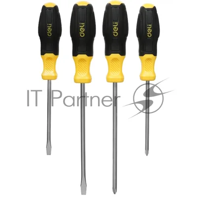 Набор отверток Deli DL630004N 4шт SL5x100 + SL6x150 + PH1x100 + PH2x150 сталь Cr-V, двухкомпонентная прорезиненная рукоять