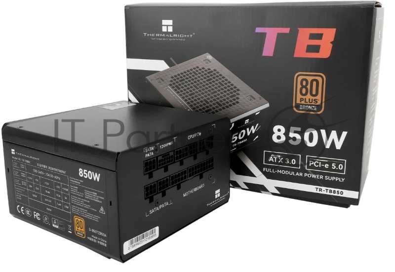 Блок питания Thermalright, 850W 80+ Bronze (ATX, 3.0, PCIe 5.0, Full modular, 1x24(20+4)pin, 2xCPU 8(4+4)pin, 4xPCIe*2 8(6+2)pin, 3xSATA3, 1x12+4pin (12VHPWR PCIe 5.0 12+4pin 600mm), 3xMOLEX4pin, Active, 120x120мм, 150x140x86mm, APFC, black)