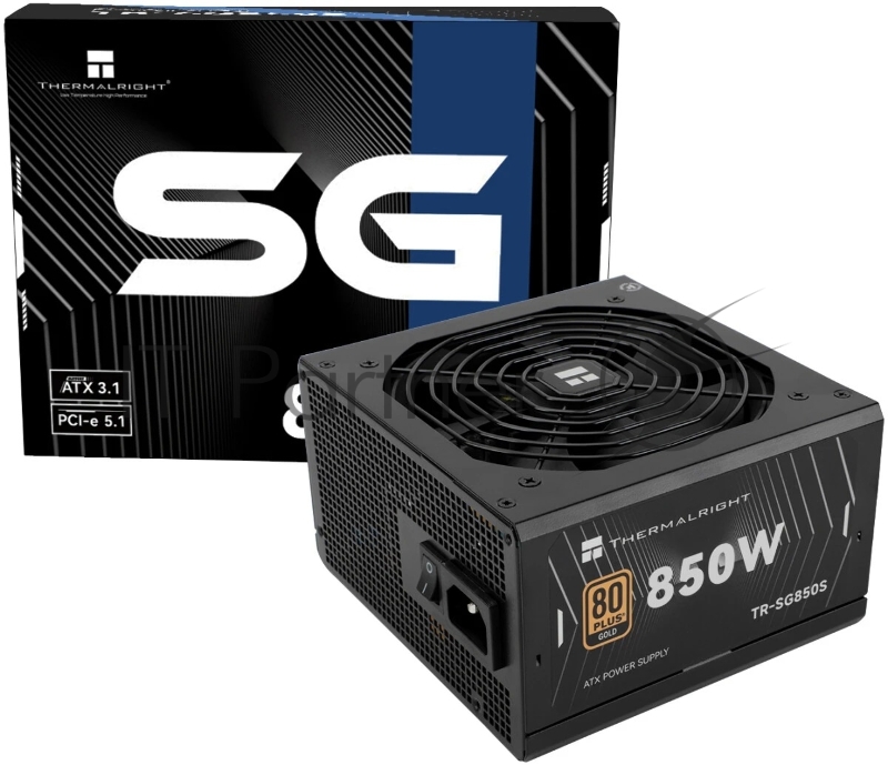 Блок питания Thermalright, 850W 80+ Gold (ATX, 3.1, PCIe 5.1, Non-modular, 1x24(20+4)pin, 1xCPU 8(4+4)pin, 2xPCIe*2 8(6+2)pin, 5xSATA3, 1x12+4pin (12VHPWR PCIe 5.1 12+4pin 600mm), 3xMOLEX4pin, Active, 120x120мм, 150x140x86mm, APFC, black)